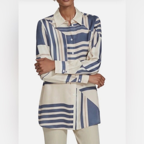 Lafayette 148 New York Tops - LAFAYETTE 148 NEW YORK Michelle Blue Cream Geometric Print Blouse Size Medium